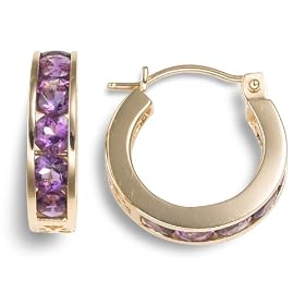 14k Yellow Gold Channel Set Round Amethyst Hoop Earrings by 
