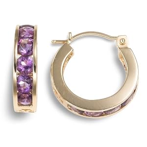 14k Yellow Gold Channel Set Round Amethyst Hoop Earrings by