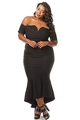 Plus Size Polyester/Spandex High-Low-Hem Flared-Skirt Off the Shoulder Bodycon Dress 