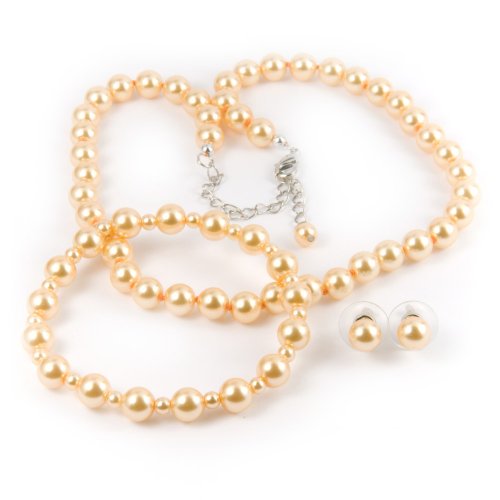 Peach 8mm Glass Pearl Necklace, Bracelet and Earrings Set by Margot Townsend