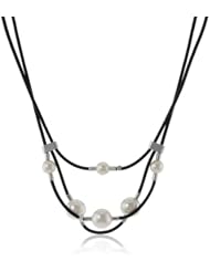 Majorica 8/10mm White Round Pearls on 3 Row Leather Necklace, 17"