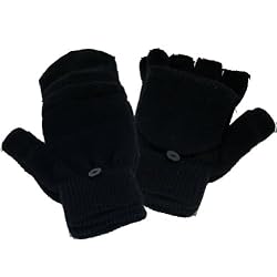 Ladies and Teens Winter Knit Flip Mitten Fingerless Gloves Glomitt Black