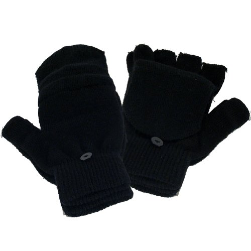 Ladies and Teens Winter Knit Flip Mitten Fingerless Gloves Glomitt Black