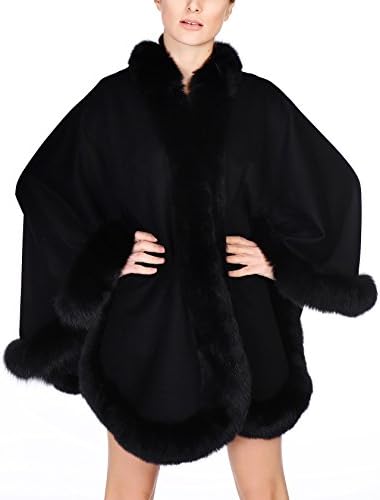 Pure Cashmere Cape Shawl Wrap with Fox fur Trim (One Size, Black)