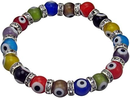 Evil Eye Stretch Charm Bracelet with Multicolor Murano Glass Beads and Zircon Crystals