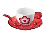Guzzini Set of 2 Red Flower espresso cups + saucers +teaspoons