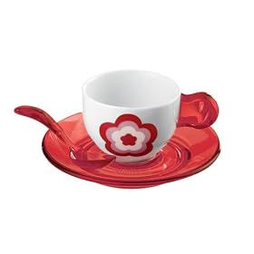 Guzzini Set of 2 Red Flower espresso cups + saucers +teaspoons