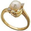 14Kt Yellow Gold Cultured White Pearl and Diamond Ring