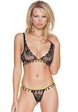 2 Pc Lace Bra Top & Thong Set With Pom Pom Trim by Leg avenue