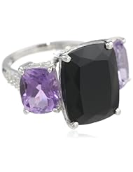 Sterling Silver Onyx, Amethyst and Diamond 3-Stone Ring, Size 7