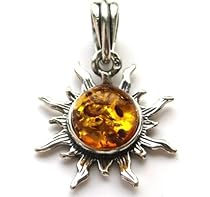 Certified Genuine Baltic Amber and 925. Silver Small Flaming Sun Pendant