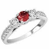 10K Gold Round 3 Stone Diamond and Garnet Ring With Milgrain Pave Set Shank (0.95 ctw)