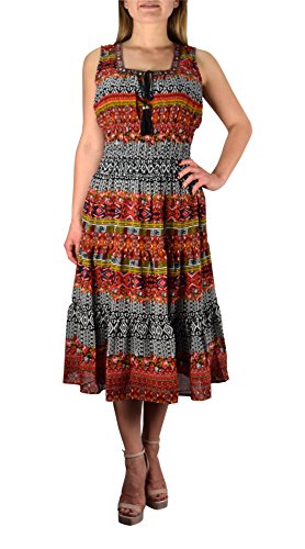 Peach Couture Damask Print Neck Tie Sleeveless Summer Tiered Calf Length Dress