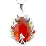 Exquisite Peacocky Cut Sterling Silver Simulated Fire Opal Pendant with 18 Necklace P4148