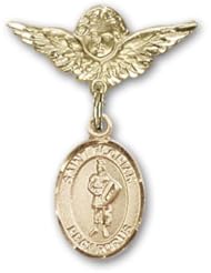 Gold Filled Baby Badge with St. Florian Charm and Angel with Wings Badge Pin