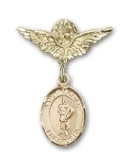 14kt Gold Baby Badge with St. Florian Charm and Angel W/wings Badge Pin. Catholic Saint Florian Patron Saint of Fire Fighters, Firemen, Firefighters, Fires, Floods, Poland, Fire Preventions