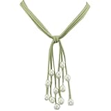 Green Triple Strand Cascading White 9-10mm Cultured Pearls Suede Necklace