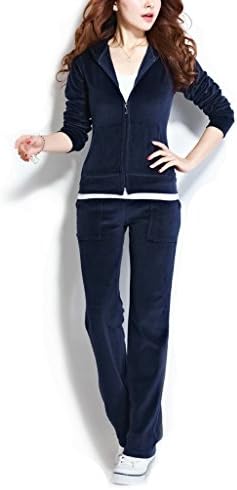 ReliBeauty Womens Pure Color Hood Velour Tracksuit Set Sports Jacket (XXXX-Large, Navy Blue)