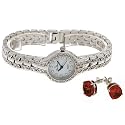 Lucien Piccard Women's Crystal Accented Watch and Ruby CZ Earrings Set #26923SSE0008-5
