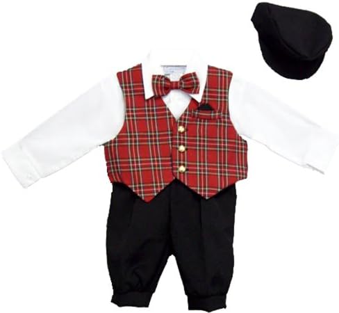 Boys 5-pc Knickers Set with Red Plaid Vest, Dress Shirt, Bowtie, and Newsboy Cap