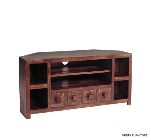 MANGO DARK WOOD DAKOTA CORNER LCD/PLASMA TV VIDEO UNIT INDIAN LIVING ROOM FURNITURE