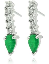 14k White Gold Emerald Gemstone and Diamond Earring. Birthstone of May
