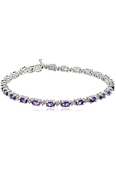 Sterling Silver Oval Gemstones and Diamond Accent  Tennis Bracelet, 7.5"