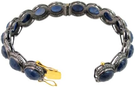14k Gold & 925 Sterling Silver 49.49cts Blue Sapphire Diamond Designer Gemstone Bangle Handmade Jewelry