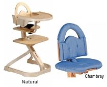 Svan High Chairs from Scandinavian Child with Infant Kit and Cushion, Chambray Cushion with Natural Wood