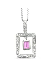 Twin Rectangular Shaped Diamond Pendant In 18K White Gold With A 0.75 ct. Genuine pink-sapphire Center Stone.