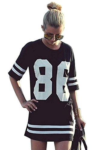Ninimour- Women's Summer Oversized Baseball T Shirt Top Loose Dress (S, Black)