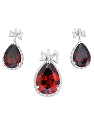 Zirconia By Debbie 925 Silver Red Cz Tear Drop Earring and Pendant Set