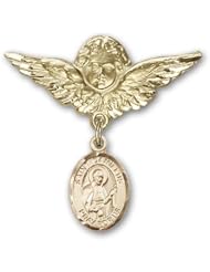 14K Gold Baby Badge with St. Camillus of Lellis Charm and Angel with Wings Badge Pin