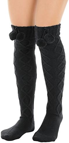 Womens Black Warm Comfortable Over Knee Socks Diamond Twist Knit Pom Poms Color:: Black