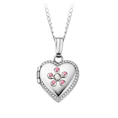 Cheap Girls Jewelry Childs Heart Locket with Pink Enamel Flower in Sterling Silver For Sale