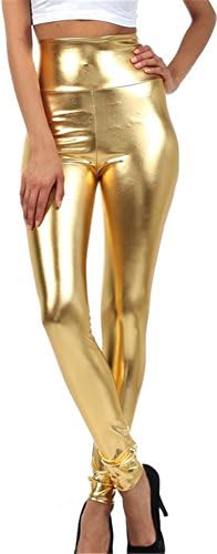 Vwhite Women's Stretchy Metallic Solid High Waist Pencil Pants Trousers Leggings Gold