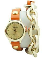 Geneva Platinum JB12964612 Designer Inspired Fancy Chain Faux Leather Watch-ORANGE/GOLD