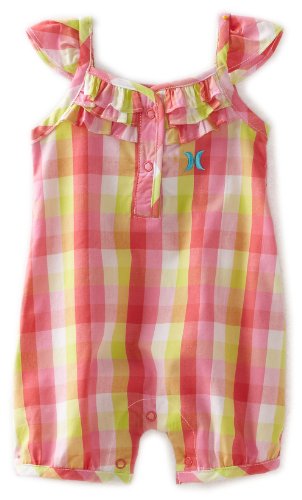 Hurley Baby-girls Infant Plaid Woven Romper, Pink, 3-6 Months