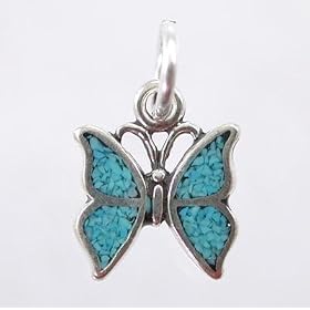 Buy Tiny Sterling Silver Turquoise Chip Inlay Butterfly Charm, #8957 by Taos Trading Pendants