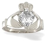 14K White Gold Genuine Heart White Topaz and Diamond Celtic Claddagh Ring