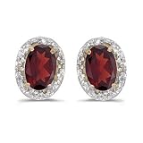 14K Yellow/White Gold 0.02 ct. Diamond and 6 x 4 MM Oval Shaped Garnet Earrings