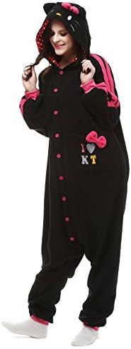 Unisex Adult Black Hello Kitty Cat Kigurumi Pajama Cosplay Costume Sleepwear Polar Fleece XL