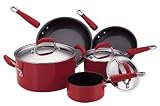 KitchenAid Gourmet Essentials Hard-Base Porcelain Aluminum Nonstick 8-Piece Cookware Set, Red
