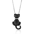 Sterling Silver White and Treated Black Diamond Cat Pendant with 18" Chain
