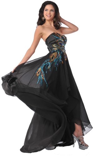 Meier Women's Strapless Peacock Embroidery Chiffon Gown