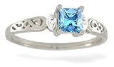 14K White Gold Genuine Square Blue Topaz and Diamond Filligree Ring