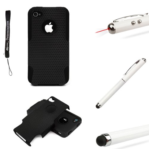 Black Ultimate Fusion 2pc Case Protective Cover Snap On Made for Apple iPhone 4S (4th Generation 16GB 32GB - AT&T - Verizon) + Includes a Professor Pen 3 in 1 Red Laser Pointer / LED White Light / Stylus / White Pen