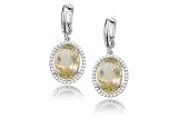 14K White Gold Matte-Finish Hand-Crafted Semi-Precious Color Stone Earrings, Centered with an Oval-Shaped Rutilated Quartz, Surrounded by Pave Set Diamonds.