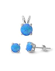 Round Blue Lab Opal Pendant Necklace and Earring Set in Sterling Silver