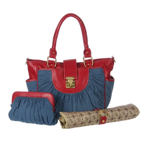 Denim & Cherry Leather Unisex Designer Diaper Bag, Diaper Tote - Stylish Baby Bag